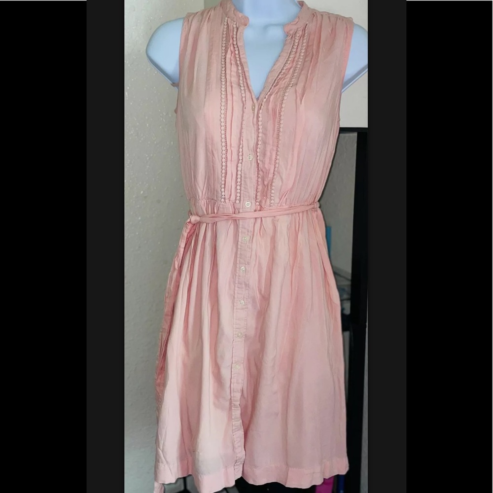 Ann Taylor Loft Pale Peach Pin Tucked Tie Waist Button Down Dress Sz 2